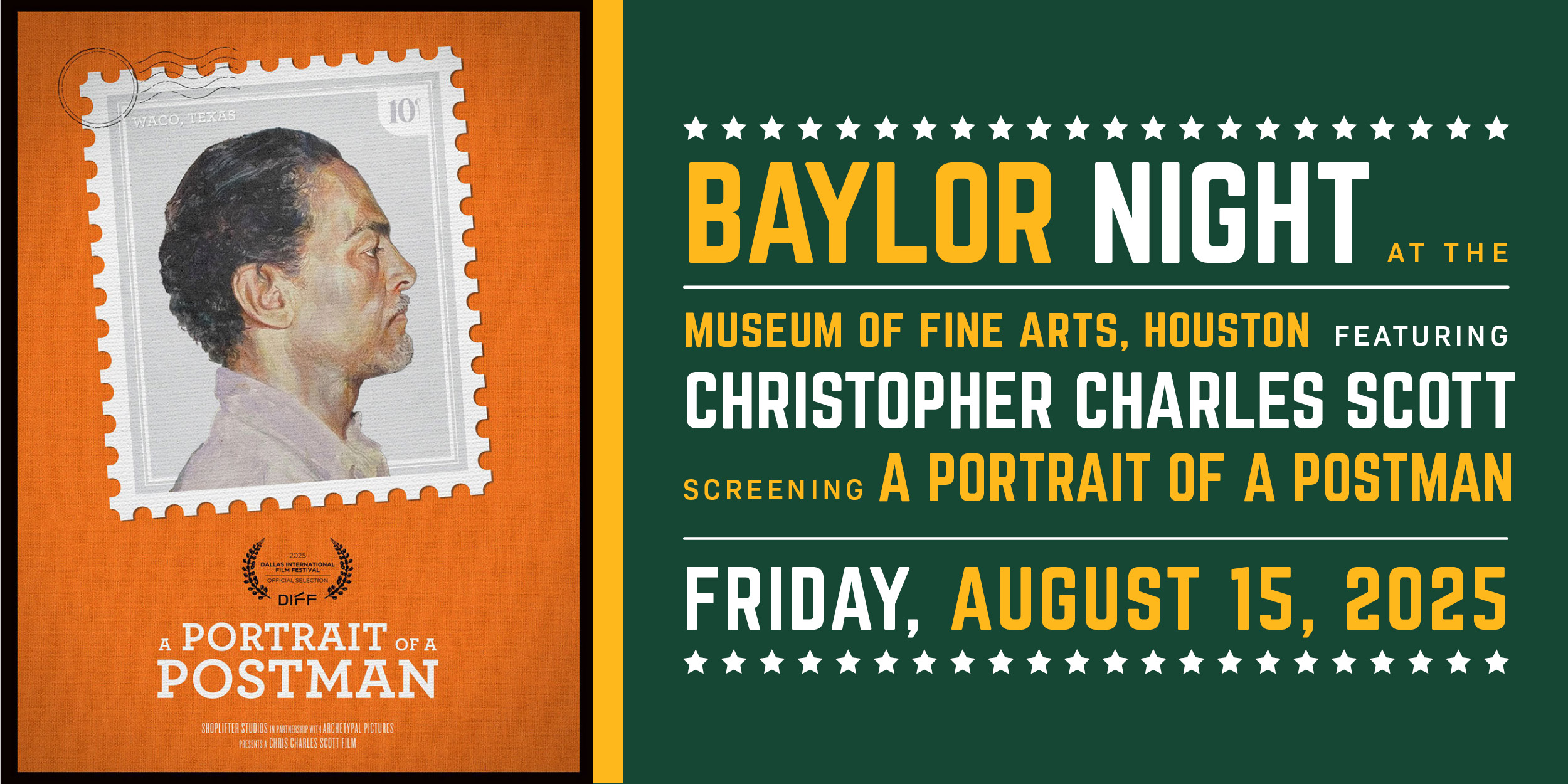 Baylor Night at the Museum of Fine Arts, Houston featuring Christopher Charles Scott, screening A Portrait of a Postman | Friday, August 15, 2025