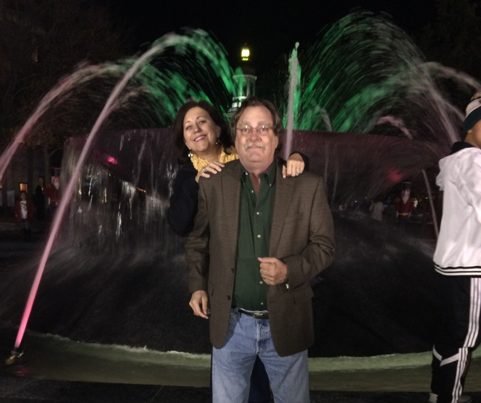 Shirley and Steve Hunter at the Rosenbaum fountain on campus