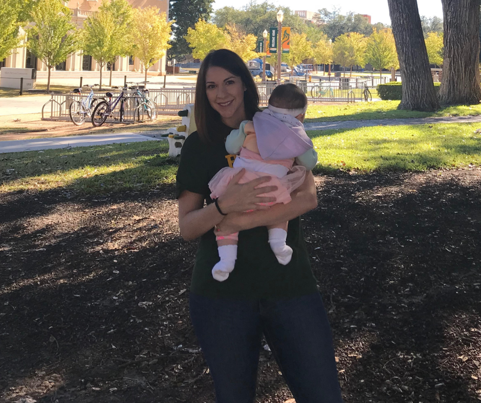 Jerusha Hall with her baby on campus