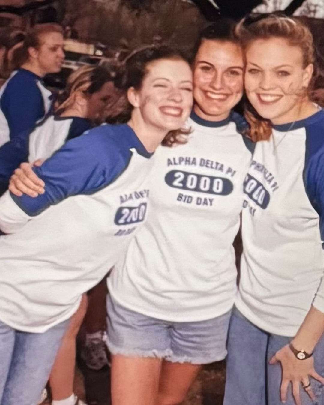 Shannon Seale poses with ADPI Sorority sisters in baseball tees