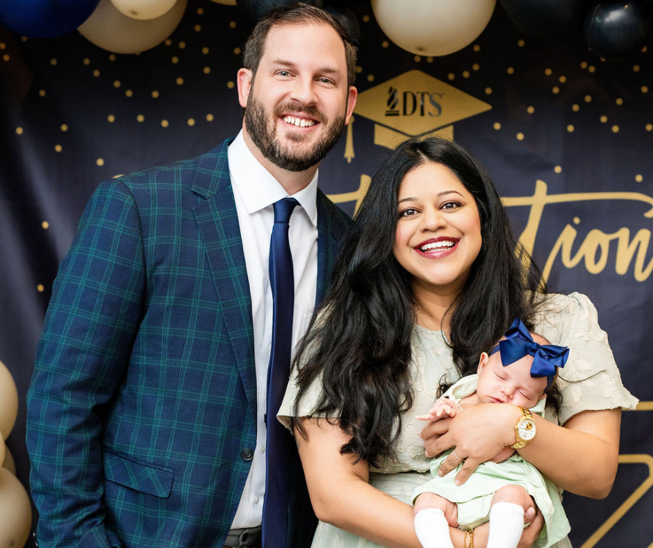 Ben Byrum with wife and daughter at graduation party 