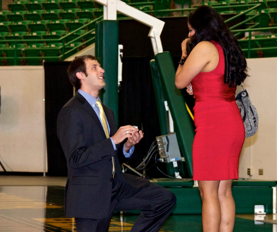 Ben Byrum proposing on Baylor basketball court 